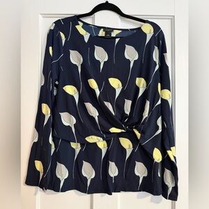 Ann Taylor Factory Navy Leaf Print Twist Blouse XL